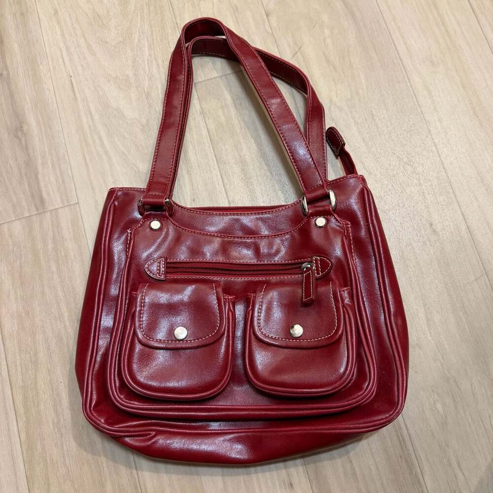 Vintage Y2K Sonoma Red Pleather Multi Pocket Tote Handbag Shoulder Bag